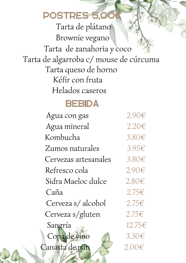 Carta de postres y bebidas